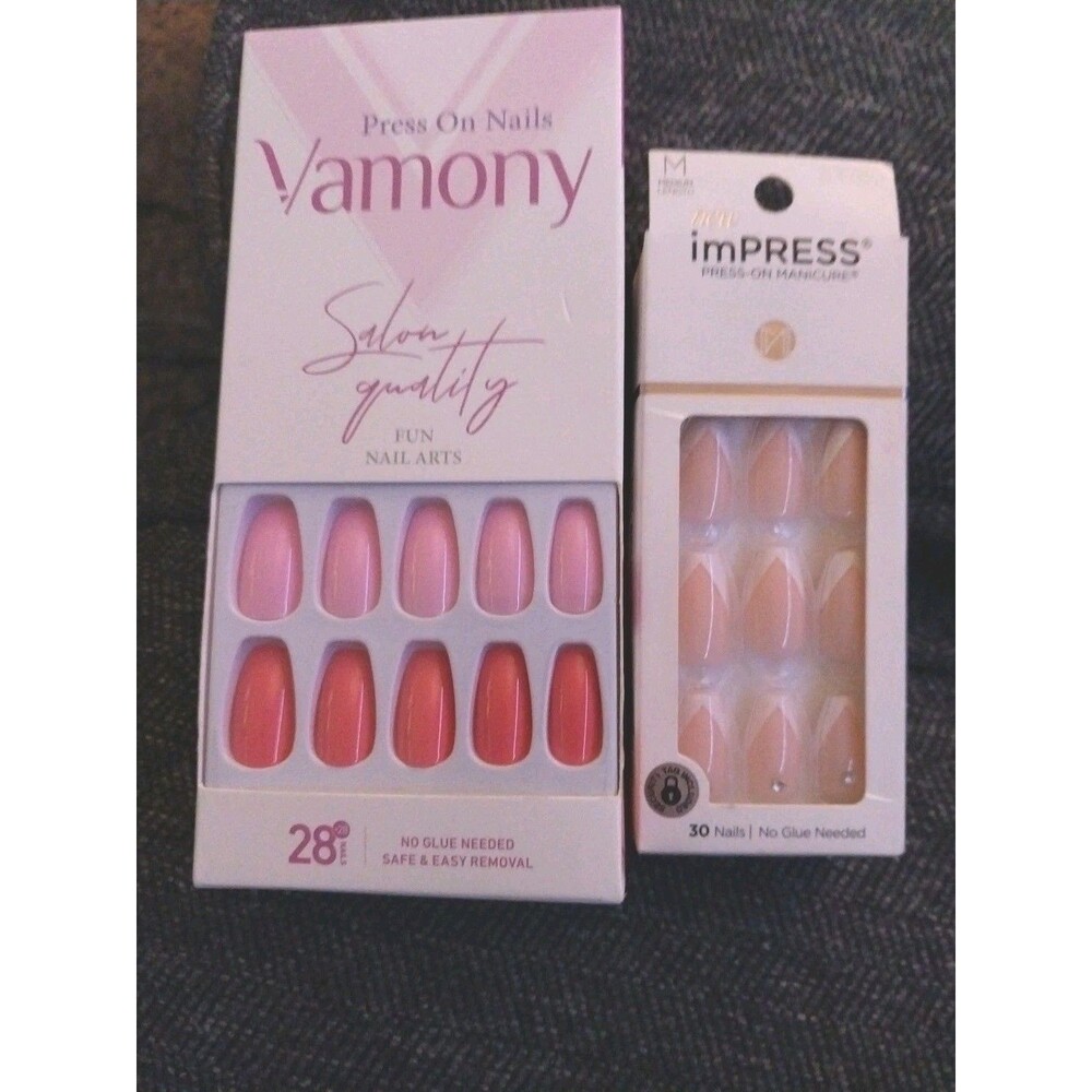 Vamony & imPRESS Press On Nails Lot of 2 Sets Short Square New + Free Nail File